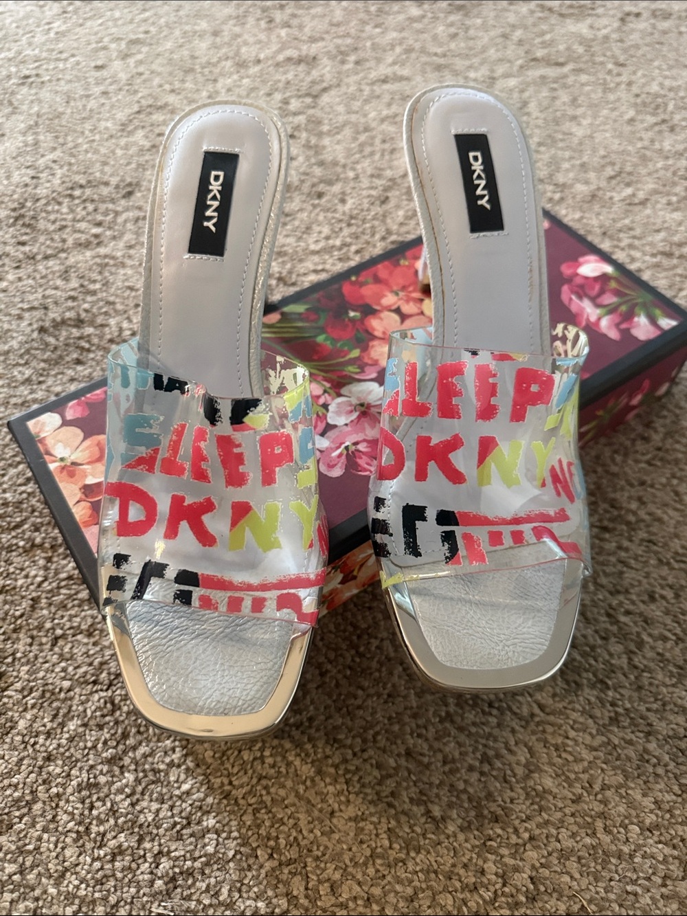 DKNY Multicolor Graffiti Clear Slide Mules